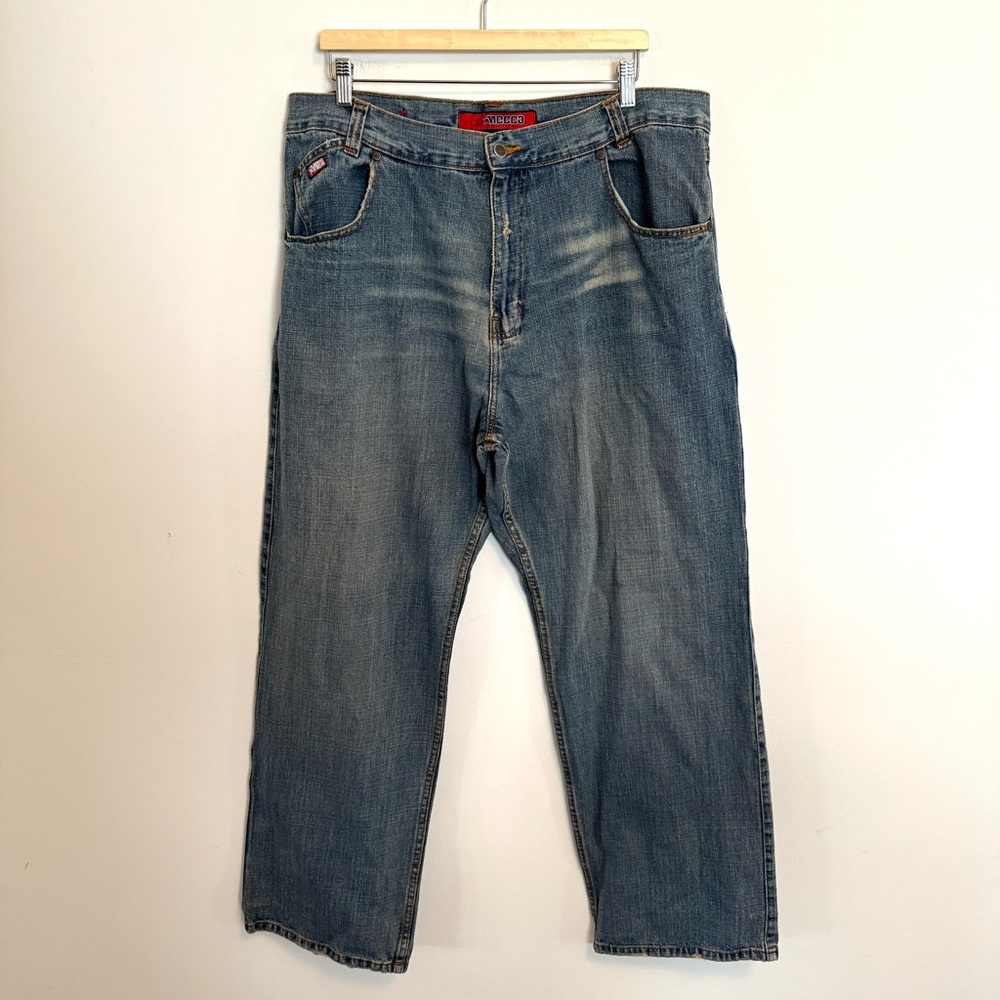 VTG Y2K Mecca Distressed Embroidered Baggy Denim Blue Jeans – 40 x 34